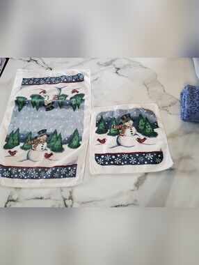 Vintage Cecil Saydah Winter Snowman & Cardinals Hand Towel & Wash cloth set